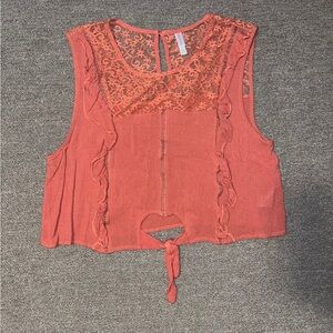 Orange Lace Cropped Tank with Tie Front